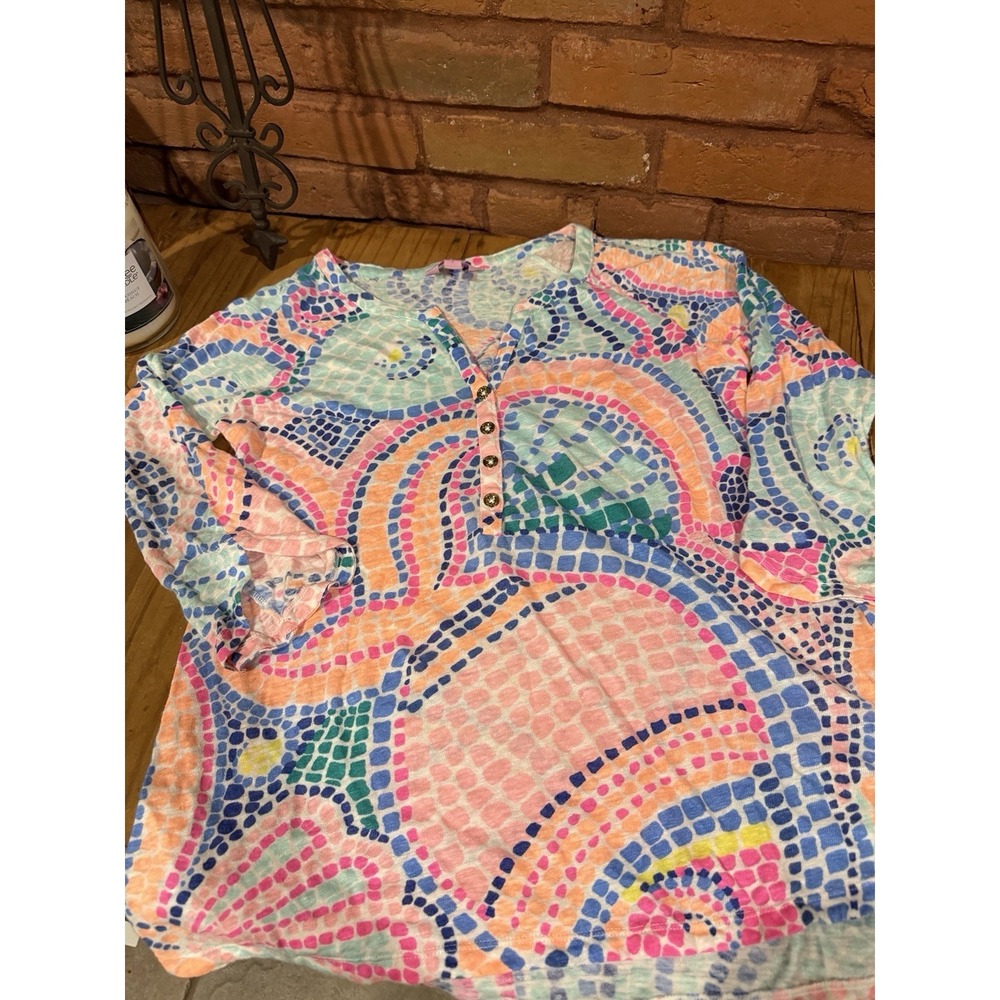 Lilly Pulitzer Women's Small Neon Pink 3/4 Sleeve Linen Knit Top Tropical Shirt